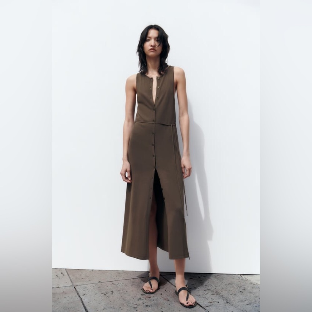 Zara Button Down Olive Sleeveless Sweater Dress
